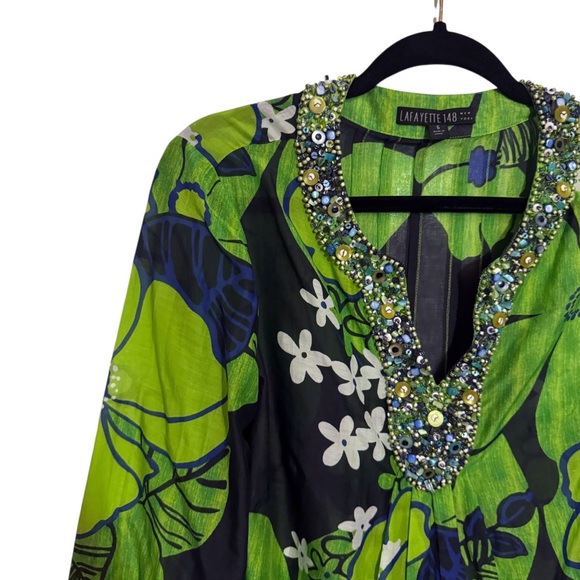 Lafayette 148 New York Size 6 Green Mod Beaded Floral Tunic Top Vacation Beach - Picture 2 of 8